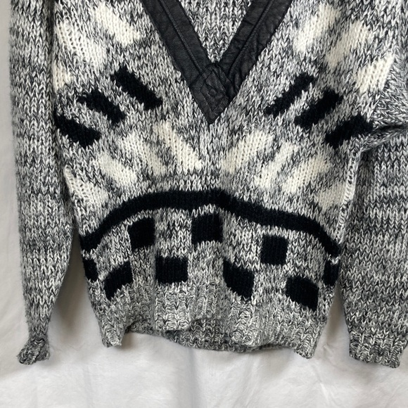 Vintage Front Line Chunky Geometric Knit Sweater w/ Real Leather Trim Sz M - Picture 4 of 12